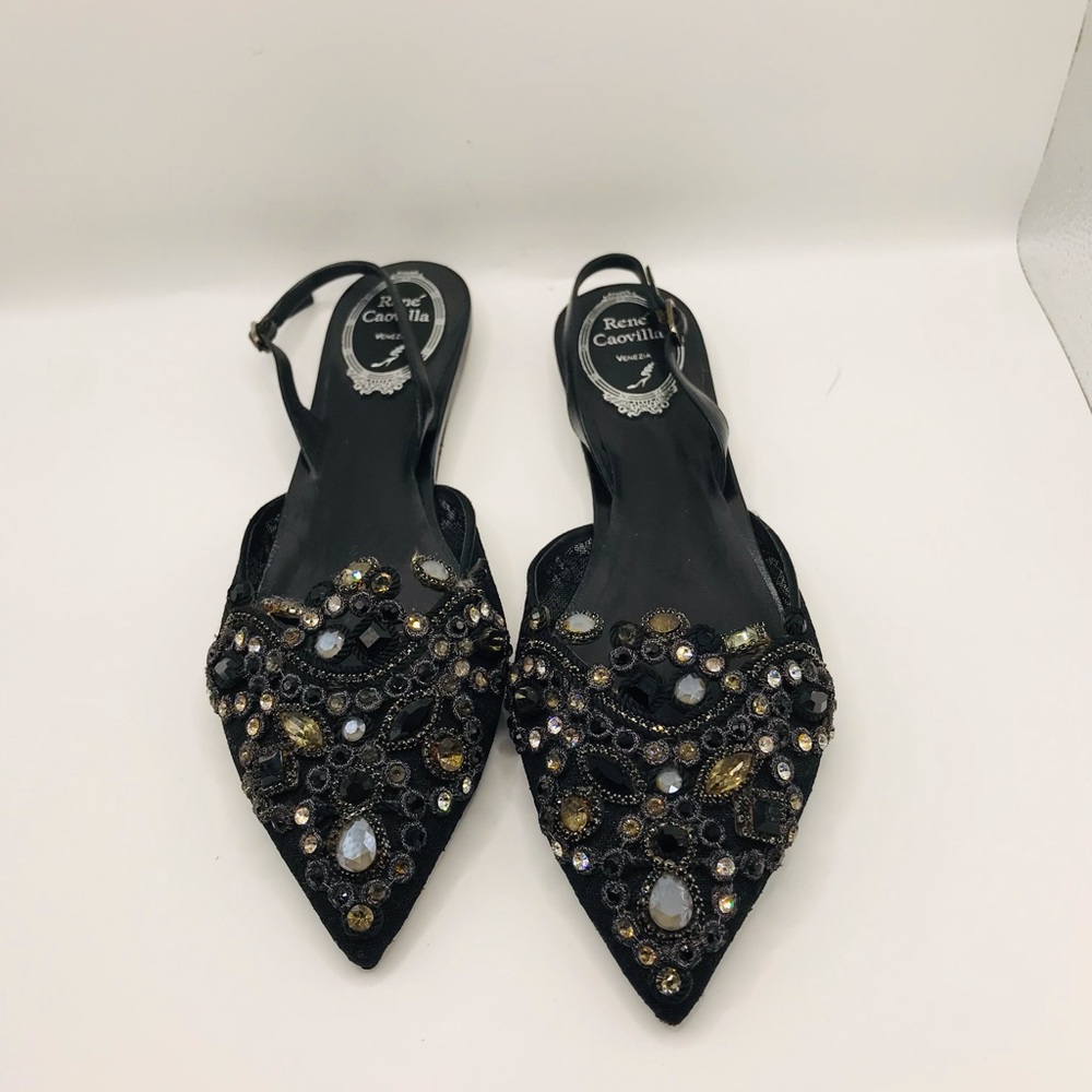 Rene Caovilla Black Jeweled Pointed Slingback Flats‎